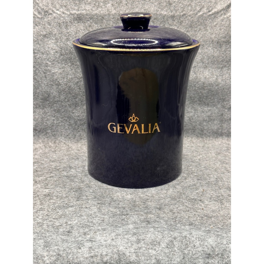 Gevalia Kaffe Cobalt Blue Ceramic Coffee Canister Gold Trim Airtight Lid Vintage